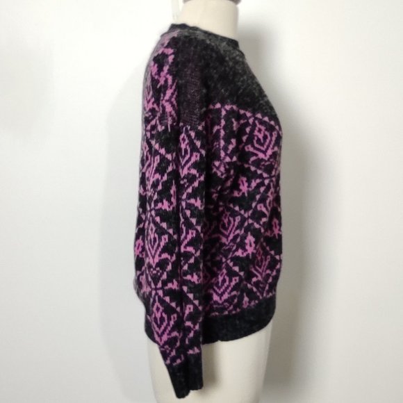 Vintage 80s Bow Print Sweater Crew Neck Marled Fuzzy Knit Pink Grey Medium - Picture 4 of 13